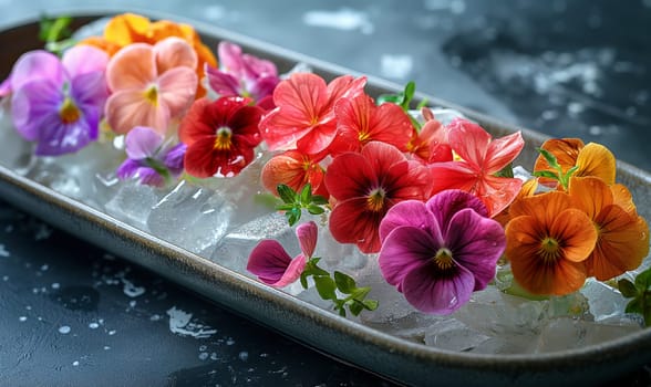 Ice cubes with flowers on an abstract background. Selective soft focus.