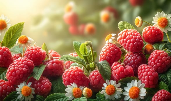 Fruit background with ripe raspberries on a blurred background. Selective soft focus.