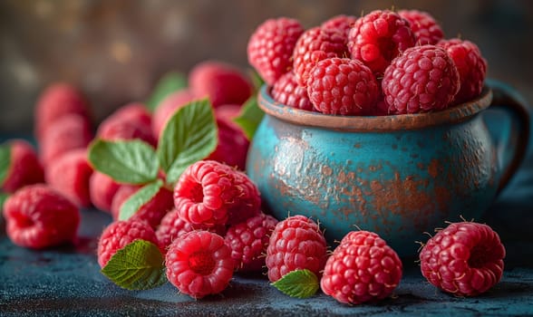Ripe raspberries on the table and in a ceramic bowl. Selective soft focus.