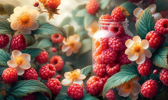 Fruit background with ripe raspberries on a blurred background. Selective soft focus.