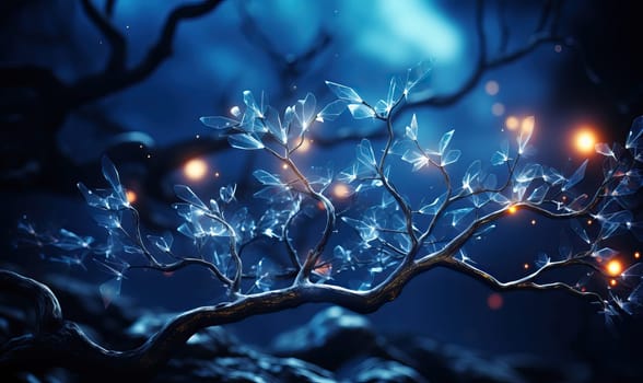Tree branch on a blue background. Selective soft focus.