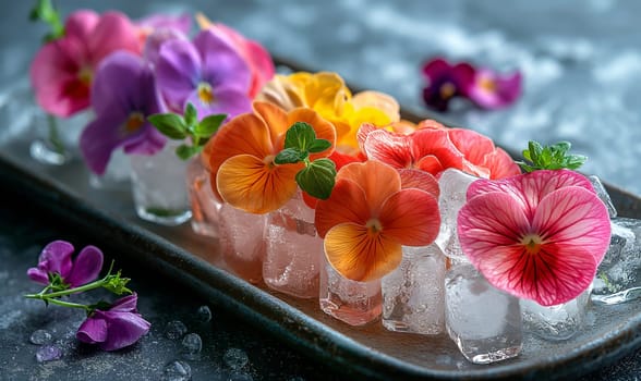 Ice cubes with flowers on an abstract background. Selective soft focus.