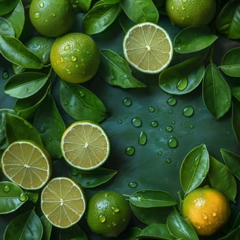 Fruit background with fresh lime fruits with leaves. Selective soft focus.