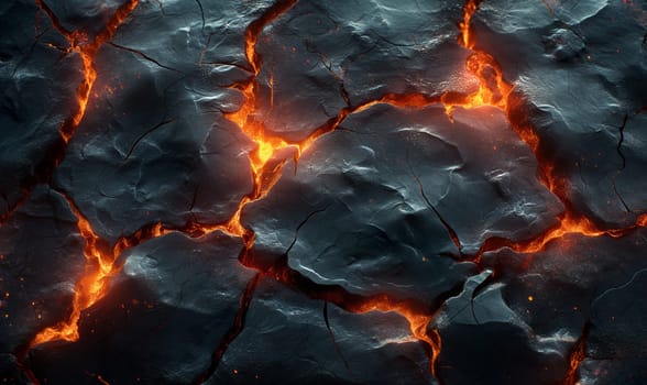 Abstract background of extinct lava with red gaps. Selective soft focus.