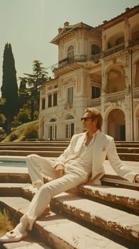 A man in formal wear and a white hat is leisurely sitting on the steps of a building, surrounded by trees and under the clear blue sky