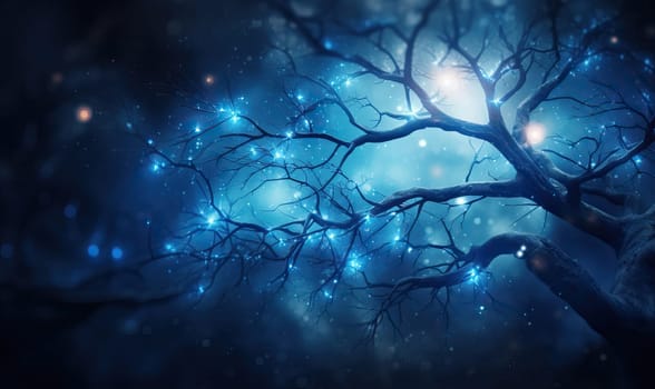 Tree branch on a blue background. Selective soft focus.