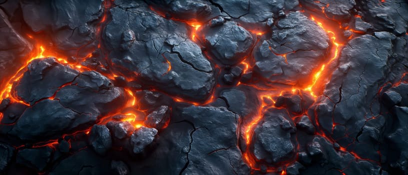 Abstract background of extinct lava with red gaps. Selective soft focus.