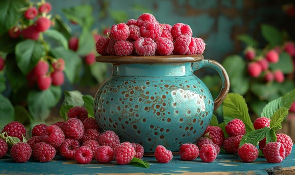 Ripe raspberries on the table and in a ceramic bowl. Selective soft focus.