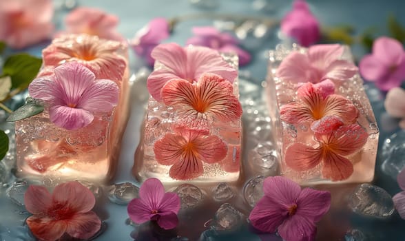 Ice cubes with flowers on an abstract background. Selective soft focus.