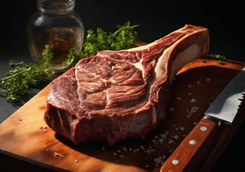 Raw Tomahawk Steak on wooden cutting board. Perfect piece of raw meat steak Tomahawk in low key