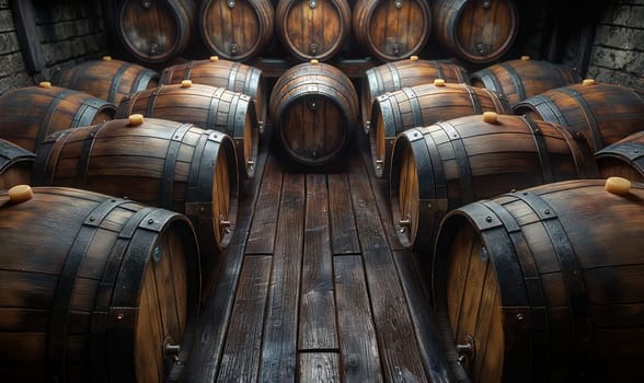 Background of stacked wooden storage barrels. Selective soft focus.