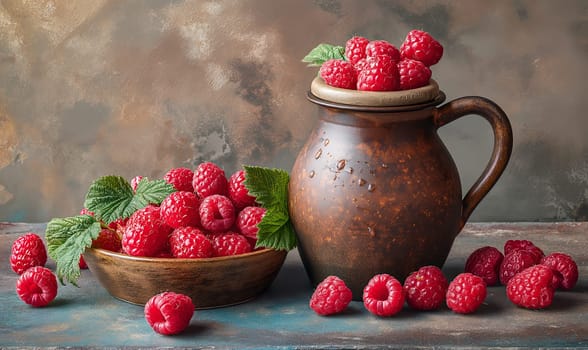 Ripe raspberries on the table and in a ceramic bowl. Selective soft focus.