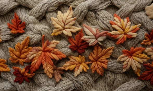 Abstract knitted background, autumn knitted leaves close-up. Selective soft focus.