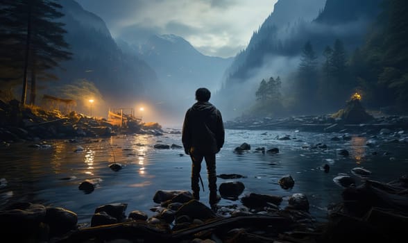 Rear view of a man on the river bank. Selective soft focus.