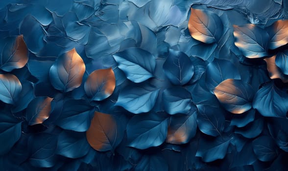 Blue texture background with leaves full frame. Selective soft focus.