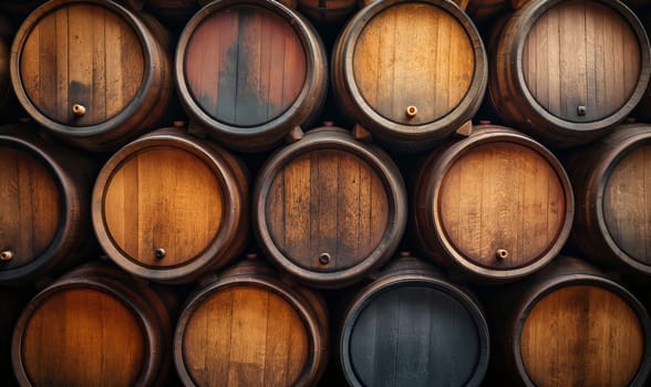 Background of stacked wooden storage barrels. Selective soft focus.