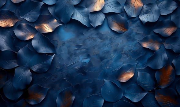 Blue texture background with leaves full frame. Selective soft focus.