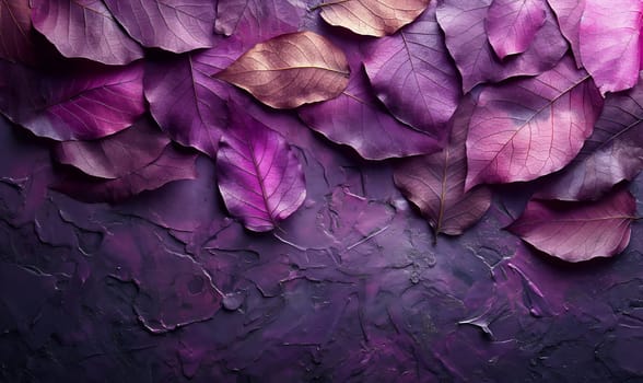 Purple texture background with leaves full frame. Selective soft focus.