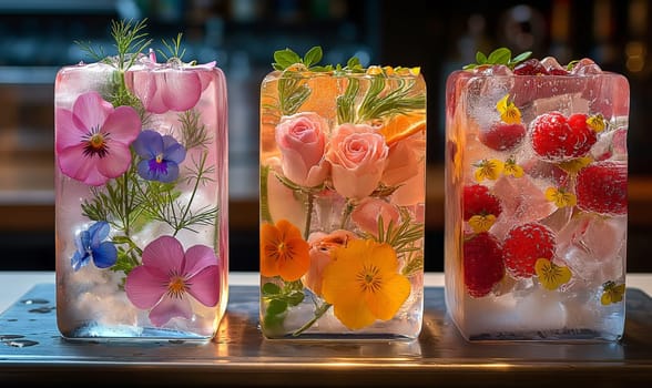 Ice cubes with flowers on an abstract background. Selective soft focus.