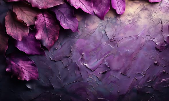 Purple texture background with leaves full frame. Selective soft focus.