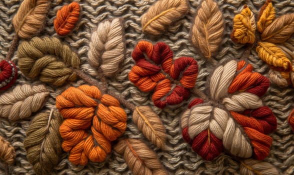 Abstract knitted background, autumn knitted leaves close-up. Selective soft focus.