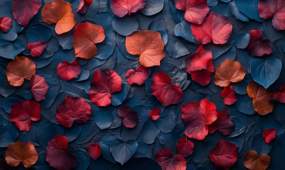 Background with blue and red leaves full frame. Selective soft focus.