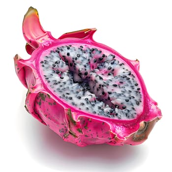 Costa Rican pitahaya, also known as dragonfruit, cut in half on a white background. This exotic fruit is not only delicious, but also can be used as natural material for making jewellery