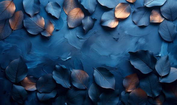 Blue texture background with leaves full frame. Selective soft focus.