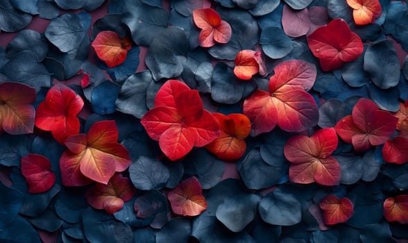 Background with blue and red leaves full frame. Selective soft focus.