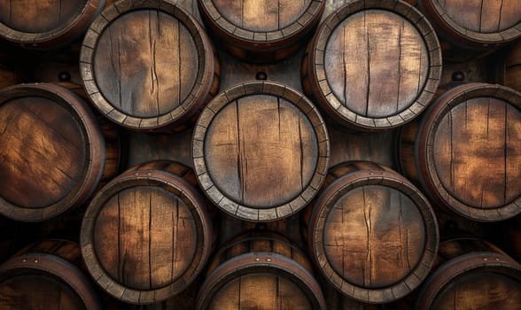 Background of stacked wooden storage barrels. Selective soft focus.