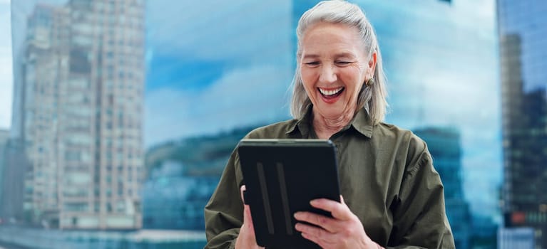 Senior, woman and laughing with tablet for business outdoor in city with corporate meme or social media joke. Elderly, entrepreneur and comedy with technology for internet scroll or funny web search.