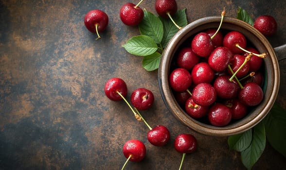 Ripe cherries in a cup on a vintage background. Selective soft focus.