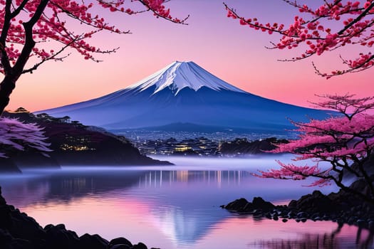 Majestic Mount Fuji, Japans iconic peak, bathed in warm hues of breathtaking sunset. Tranquil beauty of scene is accentuated by blending colors of sky. For art, creative projects, fashion, magazines