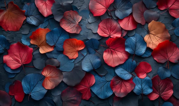 Background with blue and red leaves full frame. Selective soft focus.