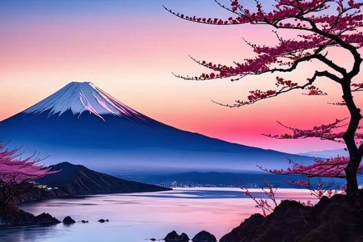 Majestic Mount Fuji in foreground, complemented by delicate backdrop of cherry blossoms in full bloom, tranquility of Japans iconic landscapes. For art, creative projects, fashion, style, magazines