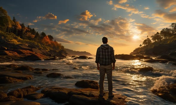 Rear view of a man on the river bank. Selective soft focus.