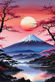 Majestic Mount Fuji in foreground, complemented by delicate backdrop of cherry blossoms in full bloom, tranquility of Japans iconic landscapes. For art, creative projects, fashion, style, magazines