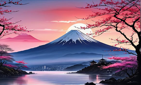 Majestic Mount Fuji in foreground, complemented by delicate backdrop of cherry blossoms in full bloom, tranquility of Japans iconic landscapes. For art, creative projects, fashion, style, magazines