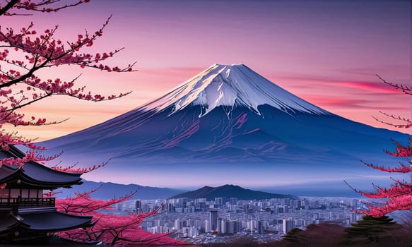 Majestic Mount Fuji in foreground, complemented by delicate backdrop of cherry blossoms in full bloom, tranquility of Japans iconic landscapes. For art, creative projects, fashion, style, magazines