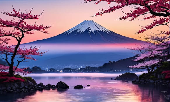 Majestic Mount Fuji in foreground, complemented by delicate backdrop of cherry blossoms in full bloom, tranquility of Japans iconic landscapes. For art, creative projects, fashion, style, magazines