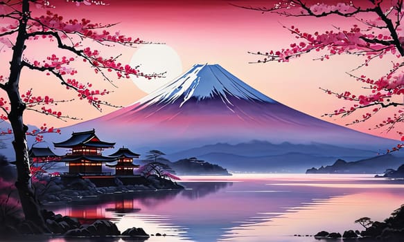 Majestic Mount Fuji in foreground, complemented by delicate backdrop of cherry blossoms in full bloom, tranquility of Japans iconic landscapes. For art, creative projects, fashion, style, magazines