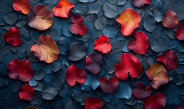 Background with blue and red leaves full frame. Selective soft focus.