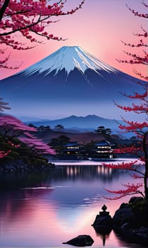 Majestic Mount Fuji in foreground, complemented by delicate backdrop of cherry blossoms in full bloom, tranquility of Japans iconic landscapes. For art, creative projects, fashion, style, magazines