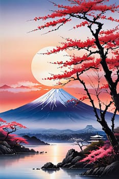 Mount Fuji majestically rising in background, framed by delicate cherry blossoms in full bloom, capturing essence of Japans natural beauty, cultural significance. For art, fashion, style, magazines