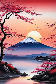 Mount Fuji majestically rising in background, framed by delicate cherry blossoms in full bloom, capturing essence of Japans natural beauty, cultural significance. For art, fashion, style, magazines