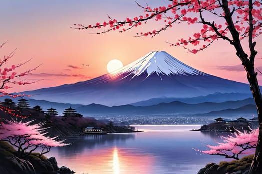 Mount Fuji majestically rising in background, framed by delicate cherry blossoms in full bloom, capturing essence of Japans natural beauty, cultural significance. For art, fashion, style, magazines