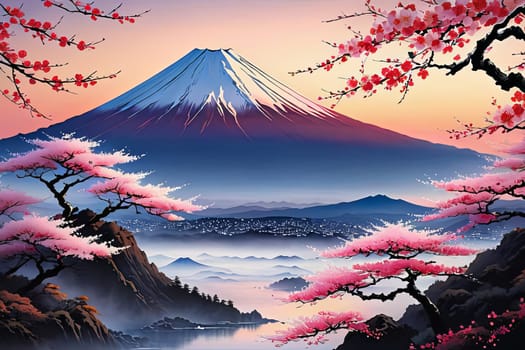 Japanese landscape adorned with delicate cherry blossoms, capturing essence of spring in Japan. For art, creative projects, fashion, style, blogs, social media, web design, print, magazine, banner