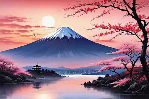 Mount Fuji majestically rising in background, framed by delicate cherry blossoms in full bloom, capturing essence of Japans natural beauty, cultural significance. For art, fashion, style, magazines