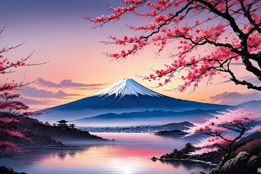 Japanese landscape adorned with delicate cherry blossoms, capturing essence of spring in Japan. For art, creative projects, fashion, style, blogs, social media, web design, print, magazine, banner