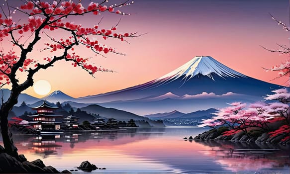 Mount Fuji at sunset, capturing majestic silhouette of mountain against vibrant, colorful sky as sun dips below horizon, creating tranquil scene. For art, creative projects, fashion, style, magazines